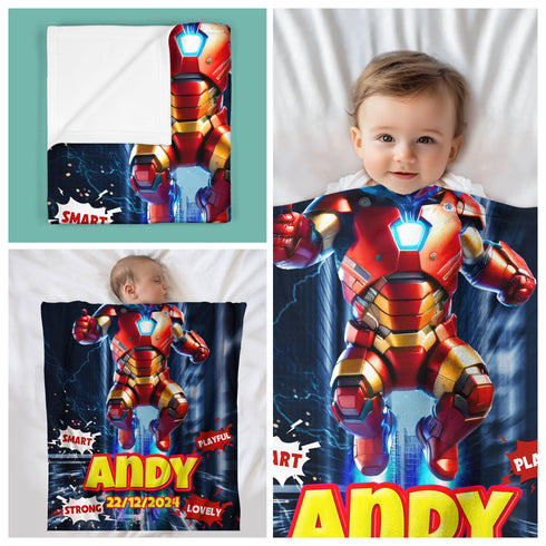Personalized Iron Baby Blanket – Superhero Style for Your Little Star | Custom Name & Birthdate
